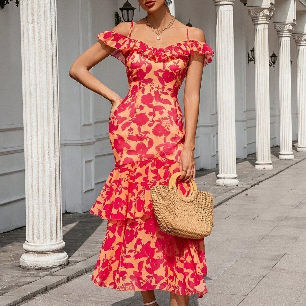 Multicolor BohoWomen's Floral Print Off-Shoulder Neckline Ruffle Trim Cami Dress - Picture 5 of 5